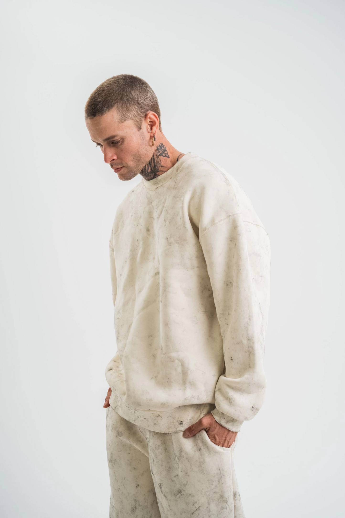 ASSEMA Erkek 3 İplik Pamuklu Yağ Yıkamalı Sweatshirt Double Oversize Bisiklet Yaka Uzun Kol - Krem