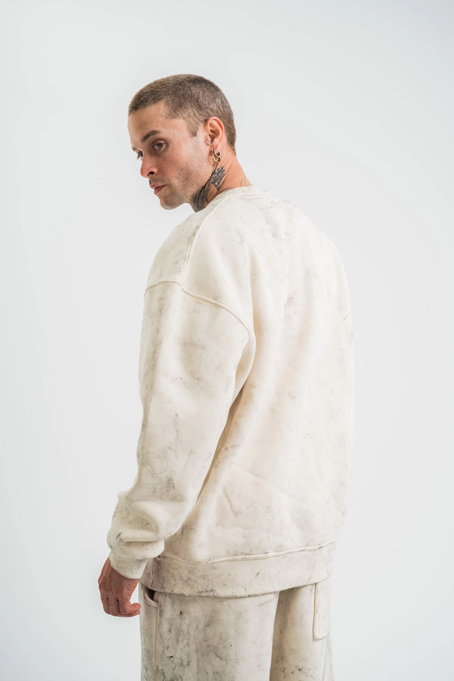ASSEMA Erkek 3 İplik Pamuklu Yağ Yıkamalı Sweatshirt Double Oversize Bisiklet Yaka Uzun Kol - Krem