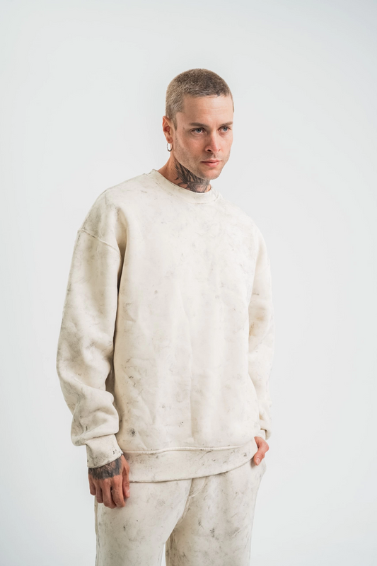 ASSEMA Erkek 3 İplik Pamuklu Yağ Yıkamalı Sweatshirt Double Oversize Bisiklet Yaka Uzun Kol - Krem