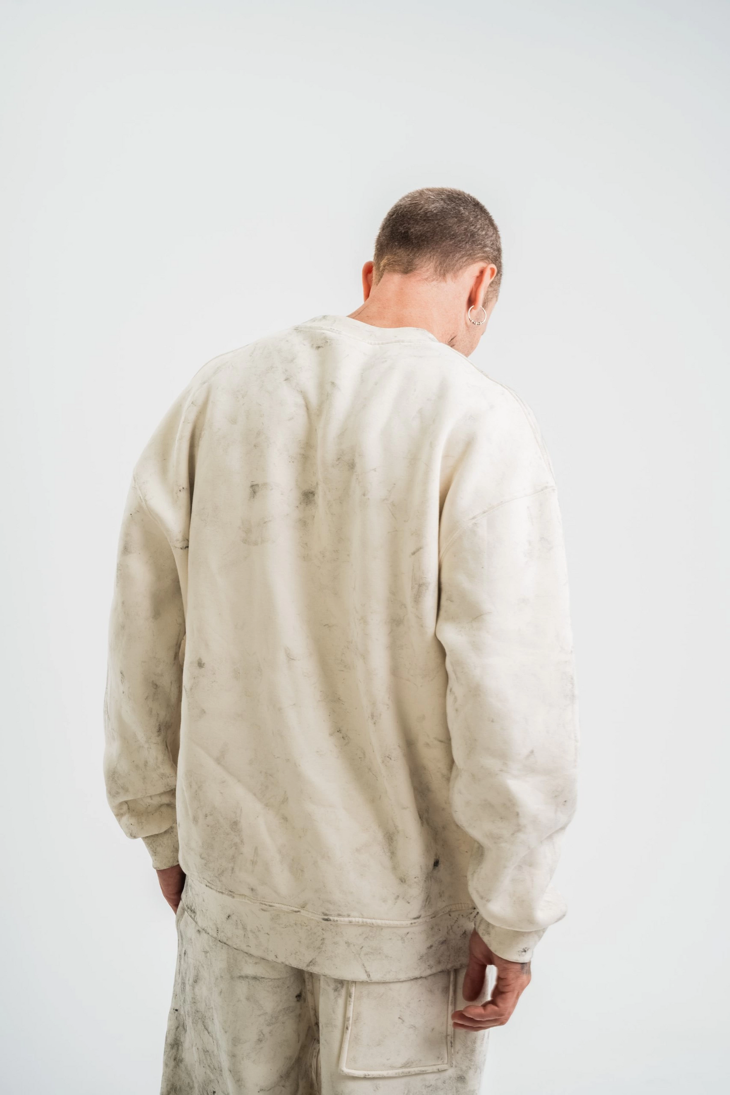 ASSEMA Erkek 3 İplik Pamuklu Yağ Yıkamalı Sweatshirt Double Oversize Bisiklet Yaka Uzun Kol - Krem