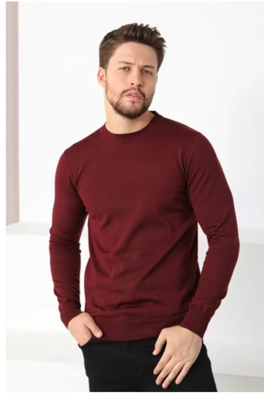 ASSEMA Unisex Uzun Kol Biskilet Yaka Dokuma Triko - Bordo