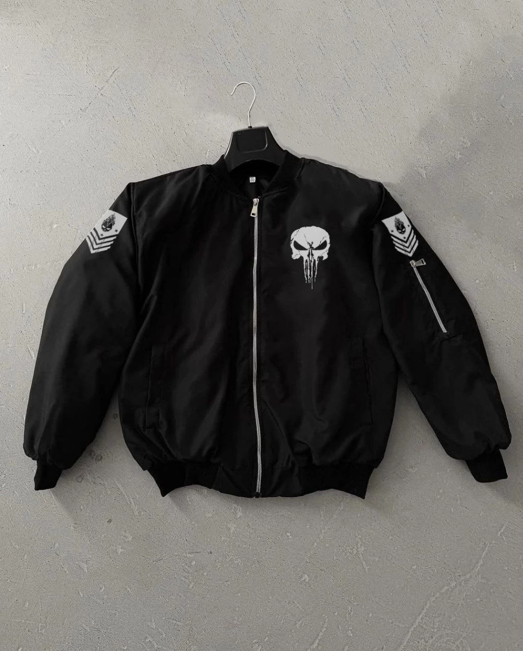 ASSEMA ERKEK Siyah Askeri Tarz Bomber Mont Punisher Skull Detaylı Fermuarlı Cepli - Siyah