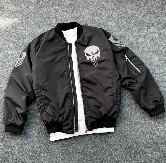 ASSEMA ERKEK Siyah Askeri Tarz Bomber Mont Punisher Skull Detaylı Fermuarlı Cepli - Siyah