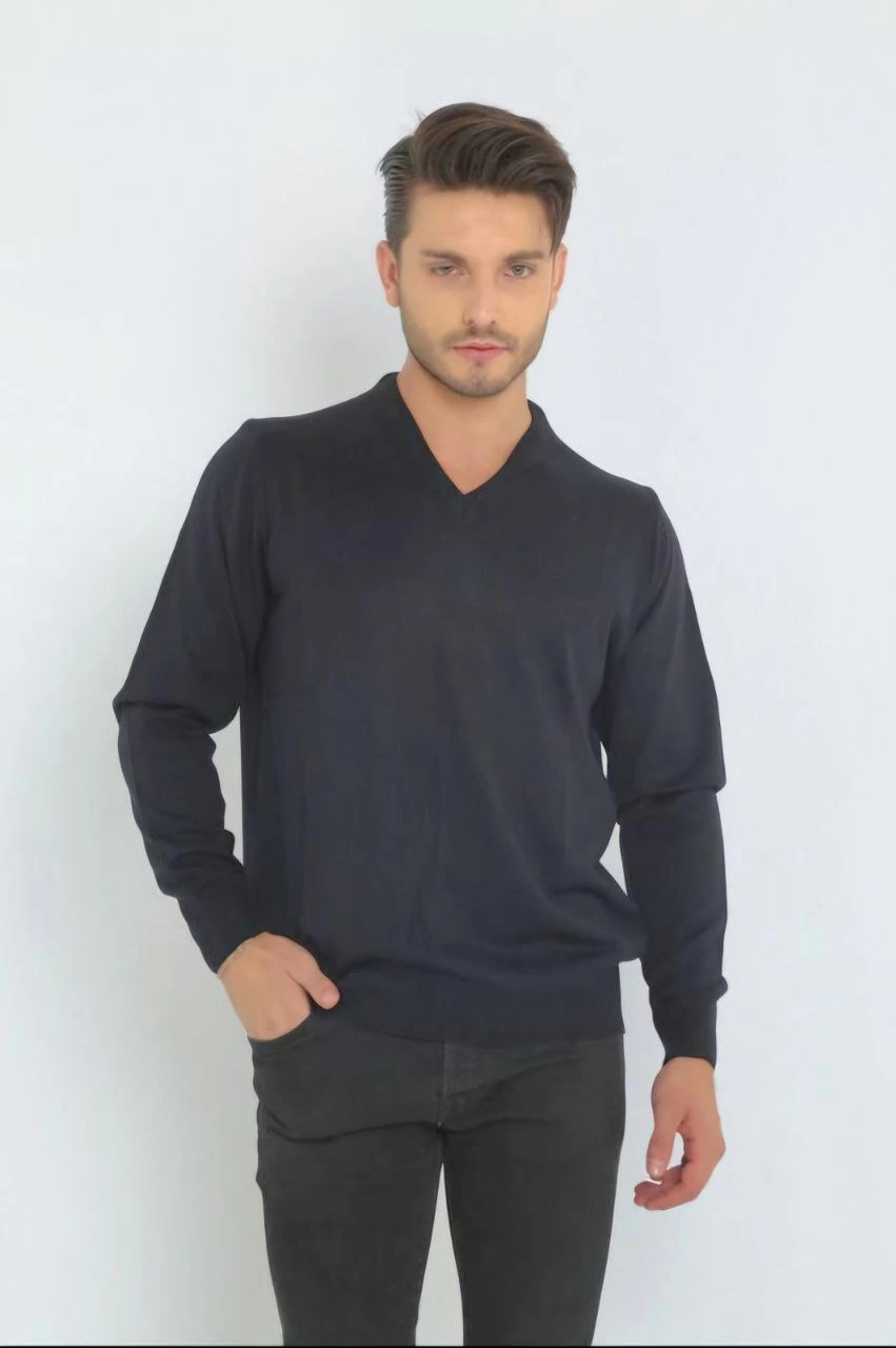 ASSEMA Unisex Uzun Kol V Yaka Triko Kazak - Lacivert