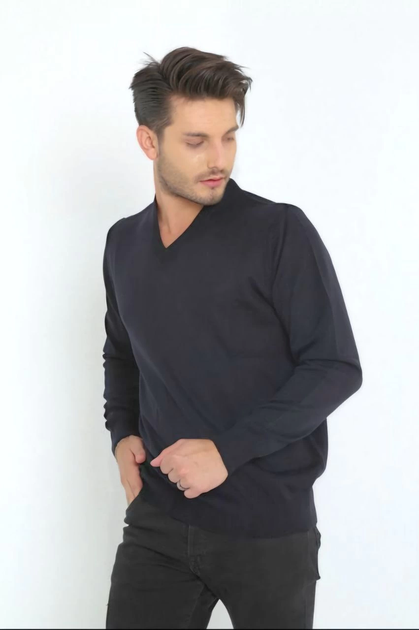 ASSEMA Unisex Uzun Kol V Yaka Triko Kazak - Lacivert