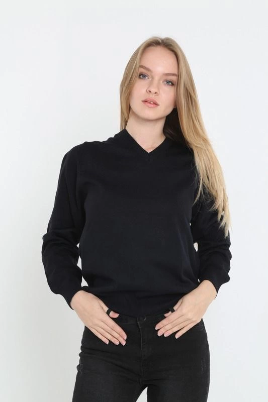 ASSEMA Unisex Uzun Kol V Yaka Triko Kazak - Siyah