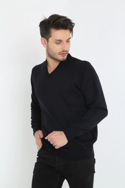 ASSEMA Unisex Uzun Kol V Yaka Triko Kazak - Siyah