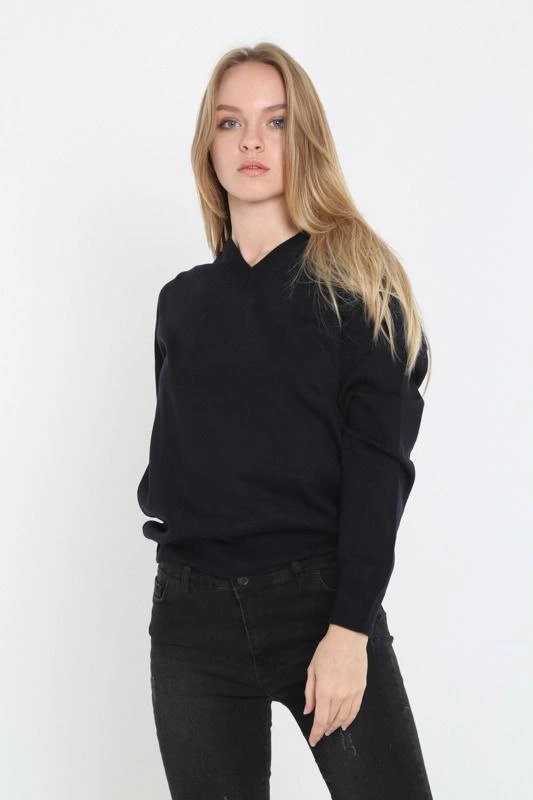 ASSEMA Unisex Uzun Kol V Yaka Triko Kazak - Siyah