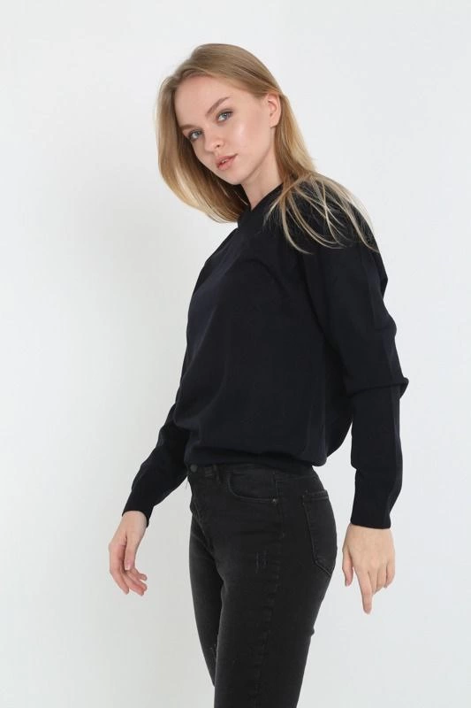 ASSEMA Unisex Uzun Kol V Yaka Triko Kazak - Siyah