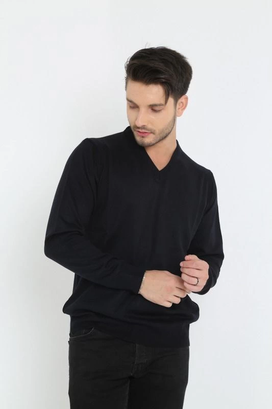 ASSEMA Unisex Uzun Kol V Yaka Triko Kazak - Siyah