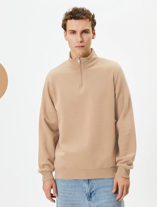 ASSEMA Unisex Uzun Kol Yarım Farmuarlı Yakalı Basic SweatShirt - Bej