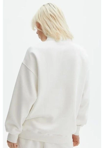 ASSEMA Kadın 3 iplik Pamuklu Uzun Kol Yarım Farmuarlı Yakalı SweatShirt -  Beyaz