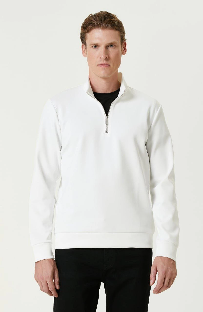 ASSEMA Unisex Uzun Kol Yarım Farmuarlı Yakalı Basic SweatShirt - Beyaz