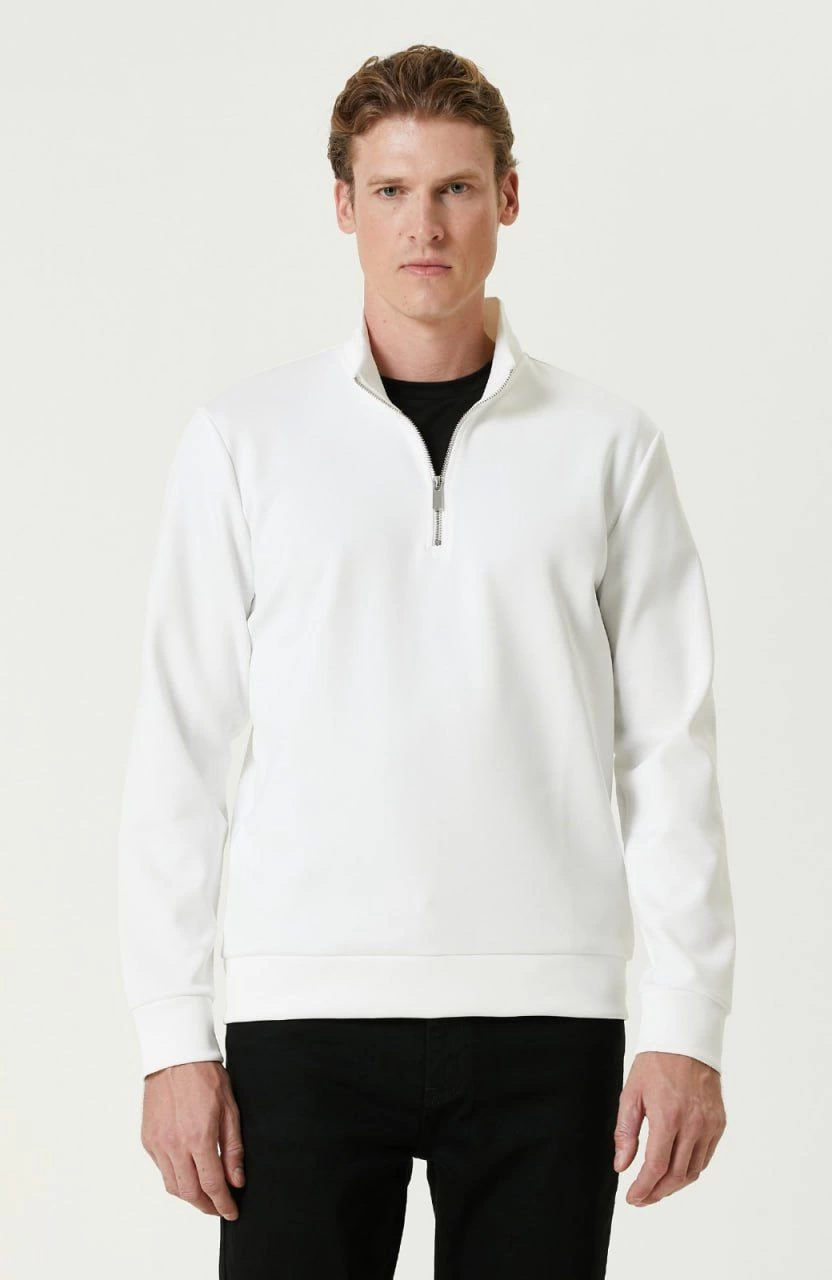 ASSEMA Unisex Uzun Kol Yarım Farmuarlı Yakalı Basic SweatShirt - Beyaz