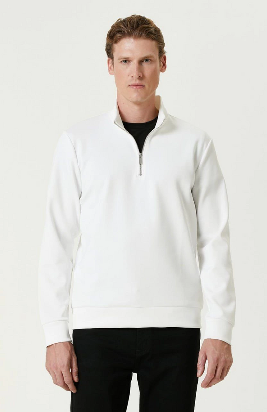ASSEMA Unisex Uzun Kol Yarım Farmuarlı Yakalı Basic SweatShirt - Beyaz