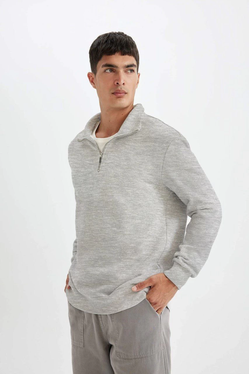 ASSEMA Unisex Uzun Kol Yarım Farmuarlı Yakalı Basic SweatShirt - Gri