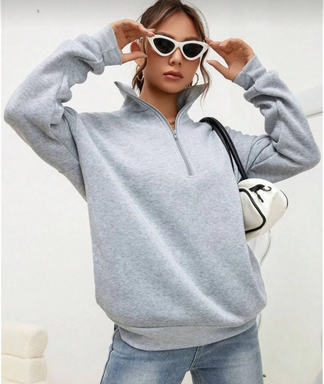 ASSEMA Kadın 3 iplik Pamuklu Uzun Kol Yarım Farmuarlı Yakalı  SweatShirt - Gri
