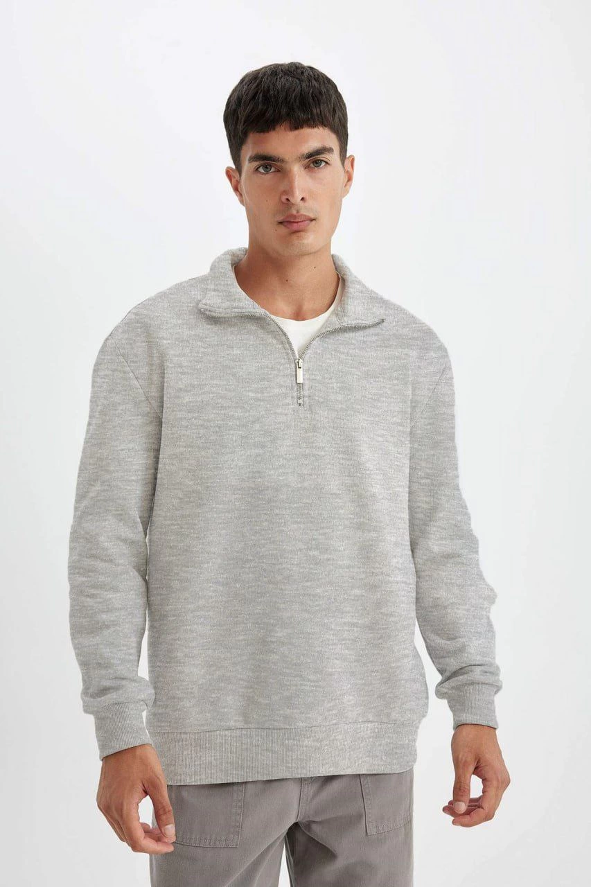 ASSEMA Unisex Uzun Kol Yarım Farmuarlı Yakalı Basic SweatShirt - Gri