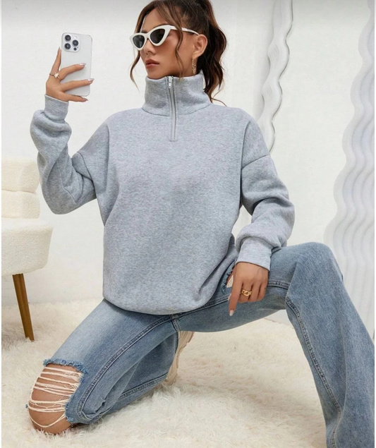 ASSEMA Kadın 3 iplik Pamuklu Uzun Kol Yarım Farmuarlı Yakalı  SweatShirt - Gri