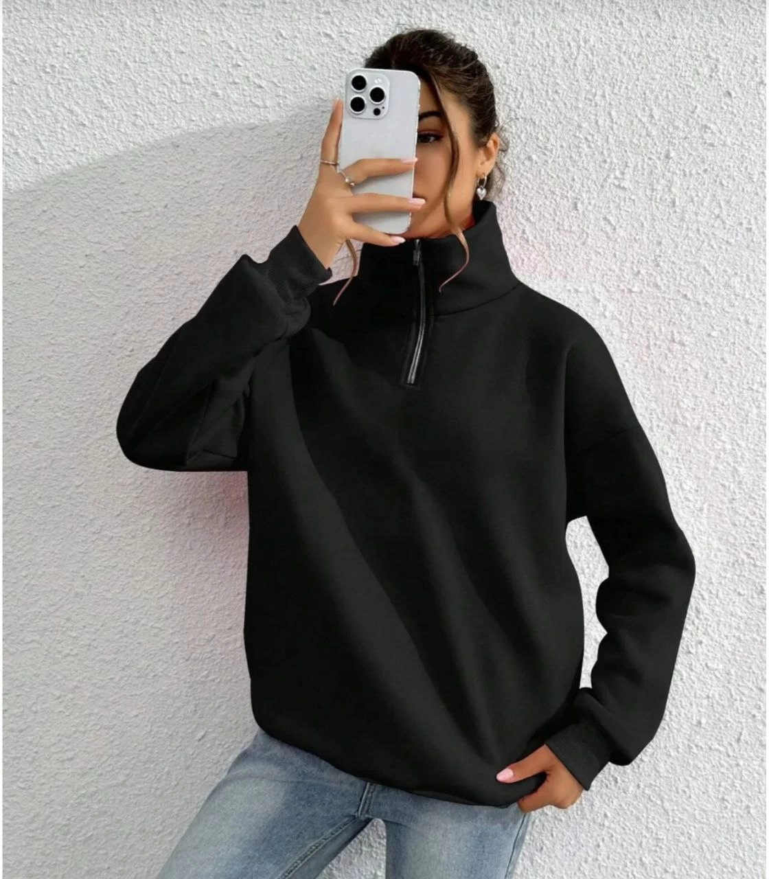 ASSEMA Kadın 3 iplik Pamuklu Uzun Kol Yarım Farmuarlı Yakalı SweatShirt - Siyah