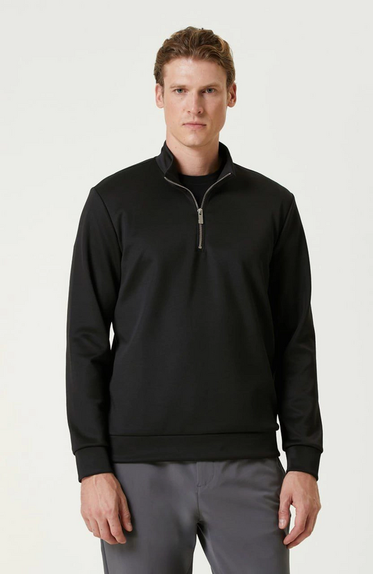 ASSEMA Unisex Uzun Kol Yarım Farmuarlı Yakalı Basic SweatShirt - Siyah