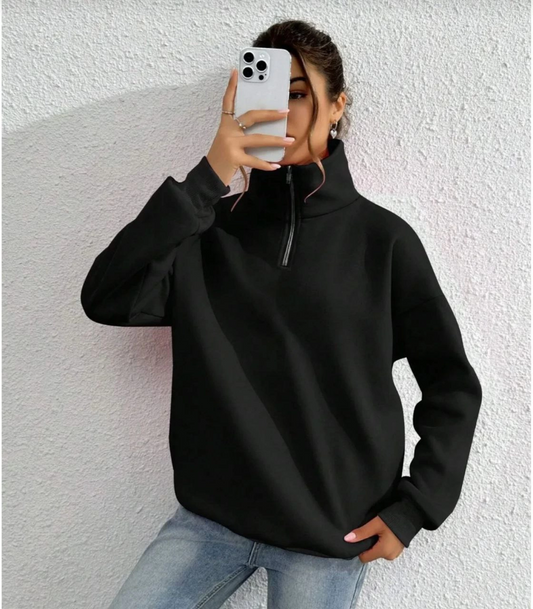 ASSEMA Kadın 3 iplik Pamuklu Uzun Kol Yarım Farmuarlı Yakalı SweatShirt - Siyah