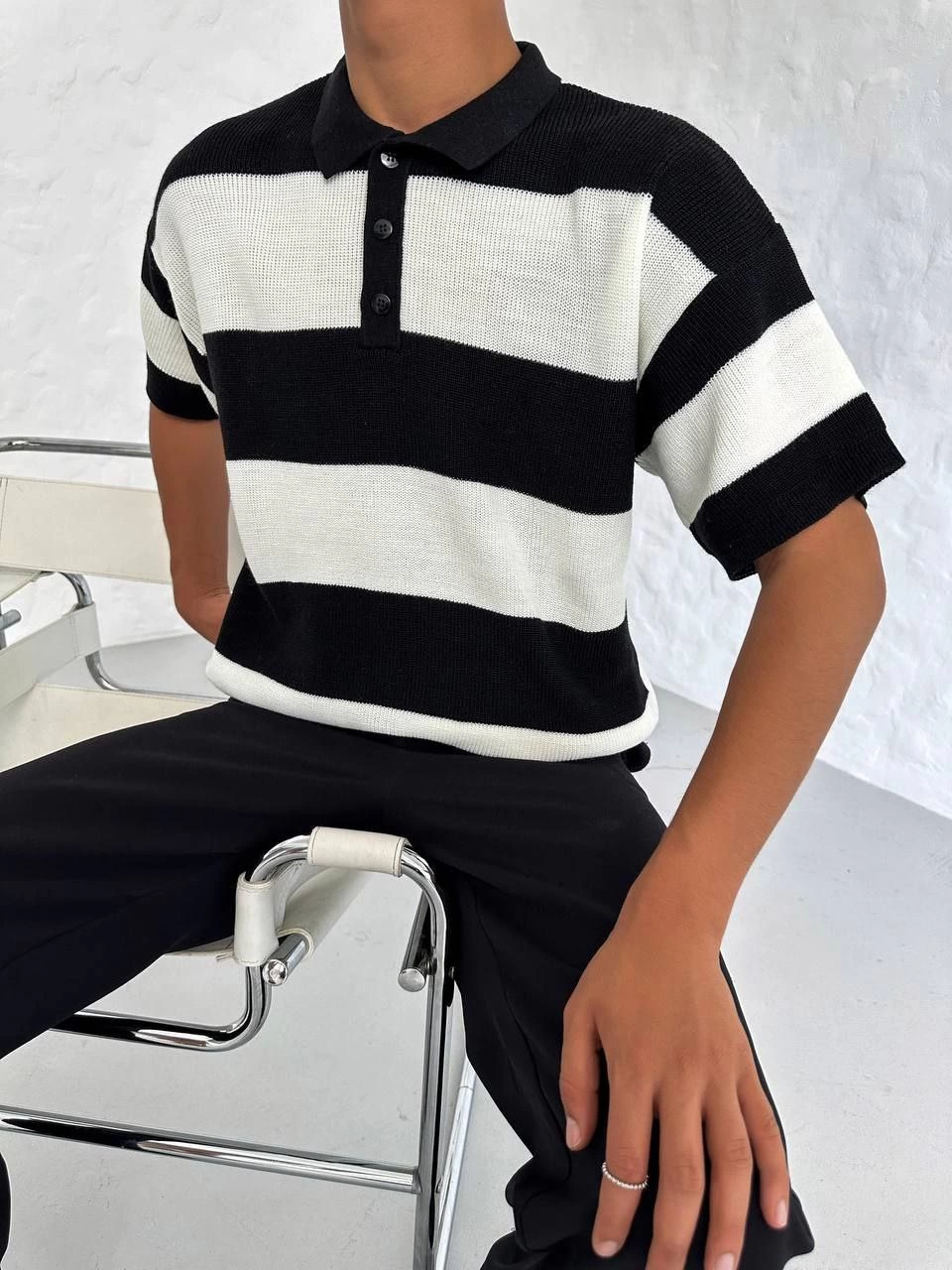 ASSEMA Erkek Yakalı Düğmeli Triko T-Shirt - Siyah