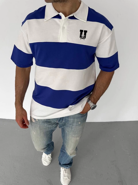 ASSEMA Erkek  Yakalı Parçalı ve Baskılı T-shirt - Mavi