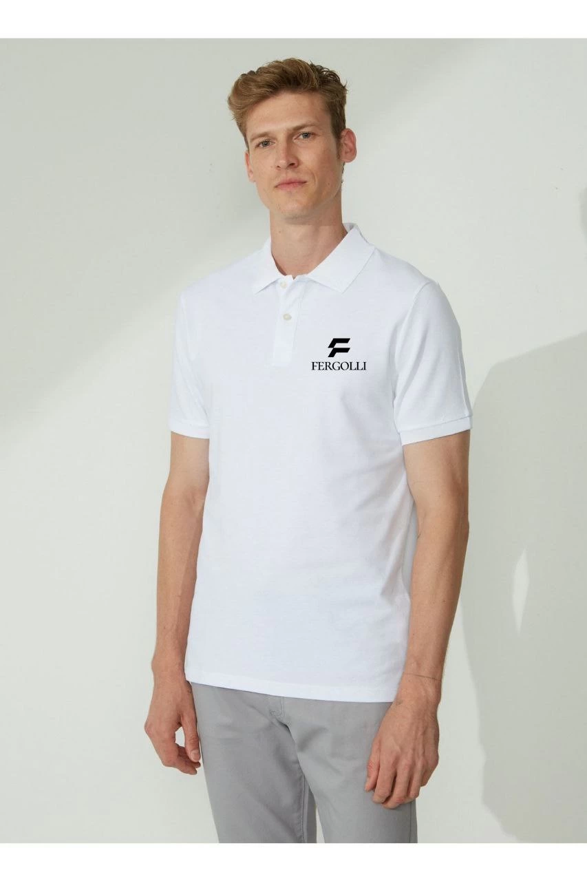 ASSEMA Erkek Pike Yakalı Tişort Düğmeli  Baskılı T-Shirt  - Beyaz