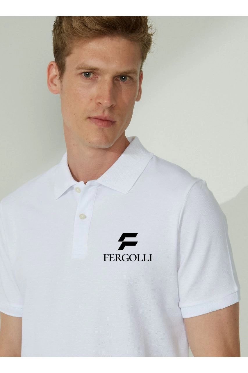 ASSEMA Erkek Pike Yakalı Tişort Düğmeli  Baskılı T-Shirt  - Beyaz