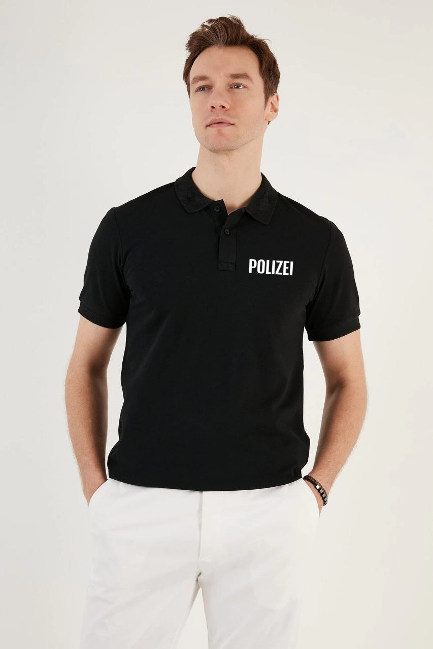 ASSEMA Erkek Yakası Düğmeli Yakalı Pike Baskılı T-Shirt - Siyah