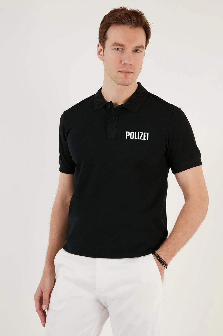 ASSEMA Erkek Yakası Düğmeli Yakalı Pike Baskılı T-Shirt - Siyah