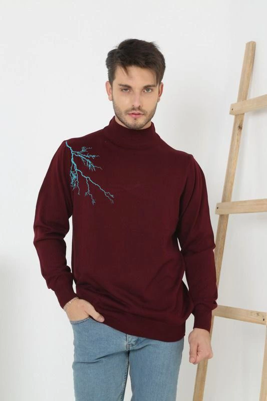 ASSEMA Unisex Yarım Boğazlı Baskılı Dokuma Triko - Bordo