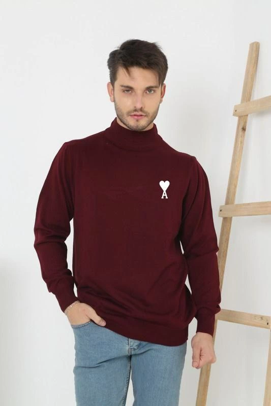 ASSEMA Unisex Yarım Boğazlı Baskılı Dokuma Triko - Bordo