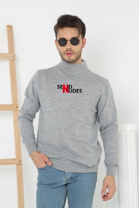 ASSEMA Unisex Yarım Boğazlı Baskılı Dokuma Triko - Gri