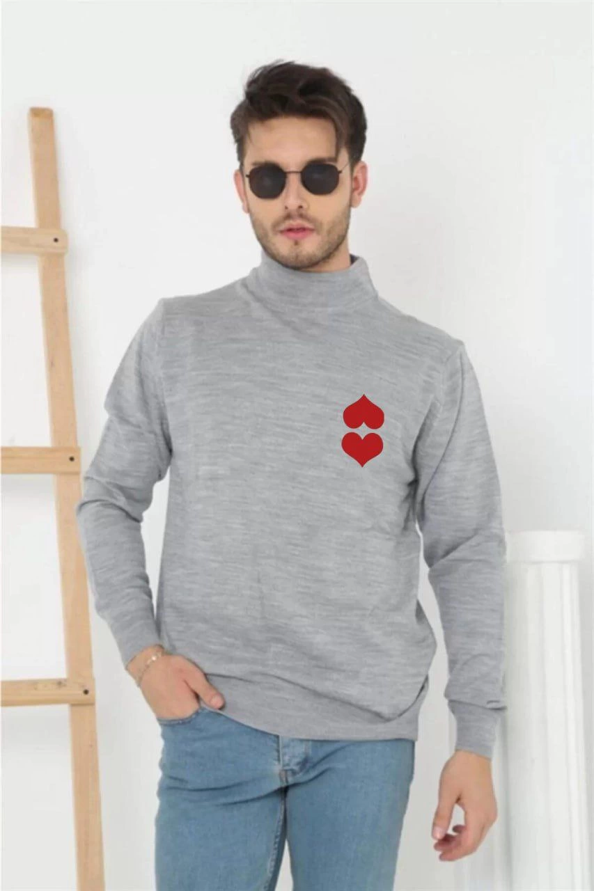 ASSEMA Unisex Yarım Boğazlı Baskılı Dokuma Triko - Gri