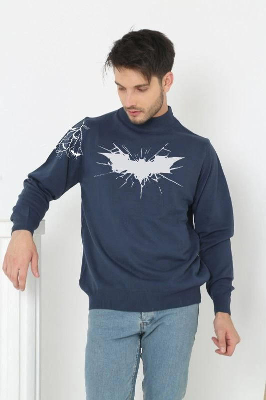 ASSEMA Unisex Yarım Boğazlı Baskılı Dokuma Triko -Indigo