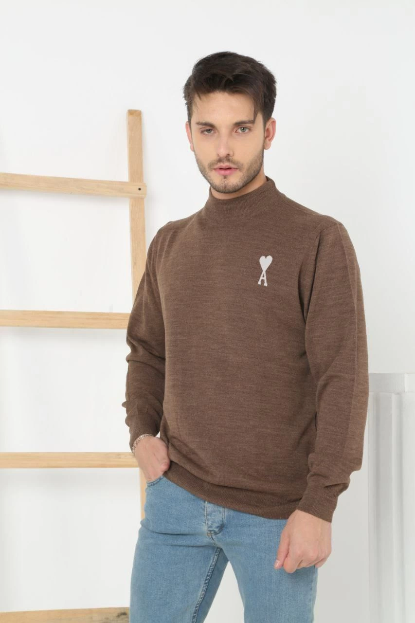 ASSEMA Unisex Yarım Boğazlı Baskılı Dokuma Triko - Kahve