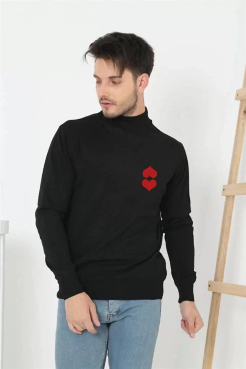 ASSEMA Unisex Yarım Boğazlı Baskılı Dokuma Triko - Siyah