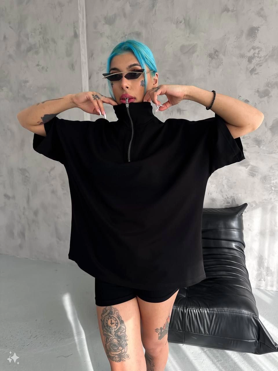 ASSEMA Kadın Yarım Fermuarlı  Kısa kol  T-Shirt - Siyah