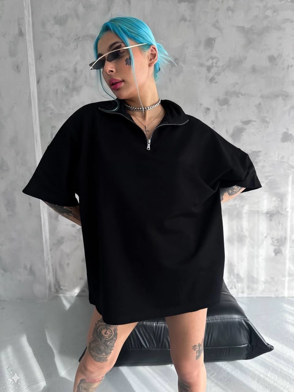 ASSEMA Kadın Yarım Fermuarlı  Kısa kol  T-Shirt - Siyah