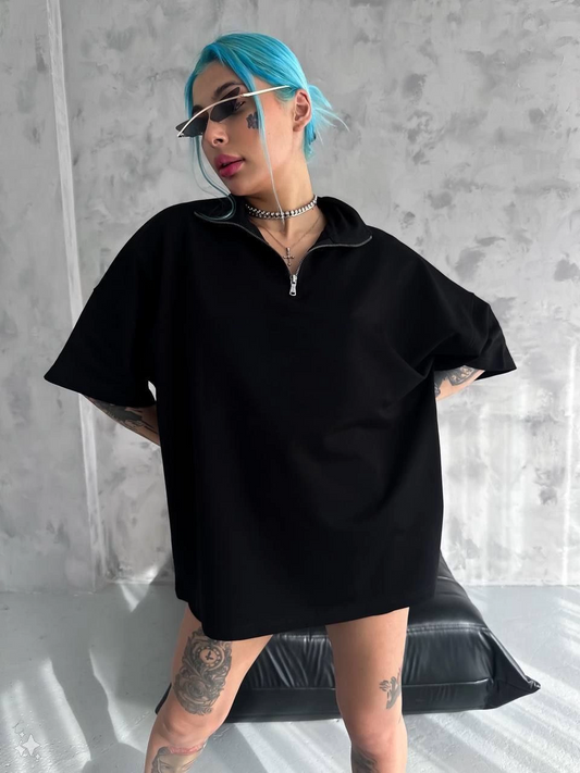 ASSEMA Kadın Yarım Fermuarlı  Kısa kol  T-Shirt - Siyah