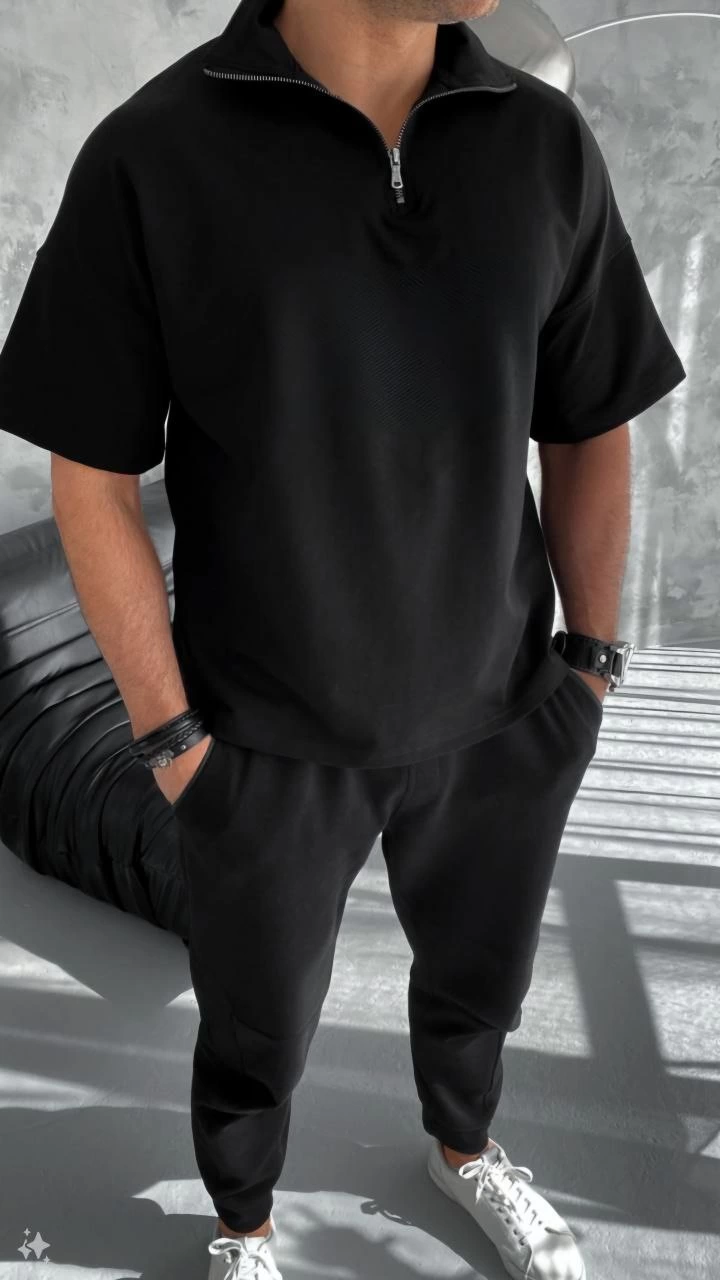 ASSEMA Erkek Yarım Fermuarlı Kısa kol T-Shirt - Siyah