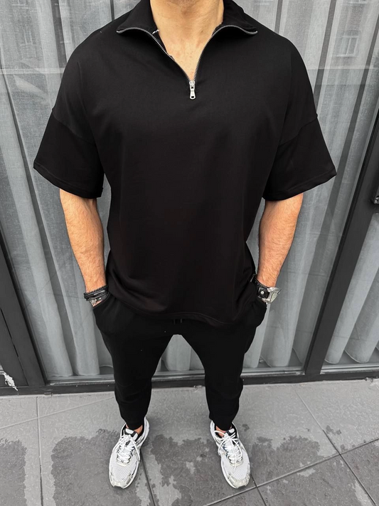ASSEMA Erkek Yarım Fermuarlı Kısa kol T-Shirt - Siyah