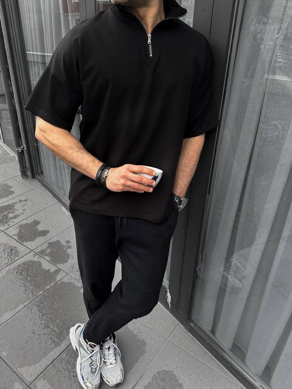 ASSEMA Erkek Yarım Fermuarlı Kısa kol T-Shirt - Siyah