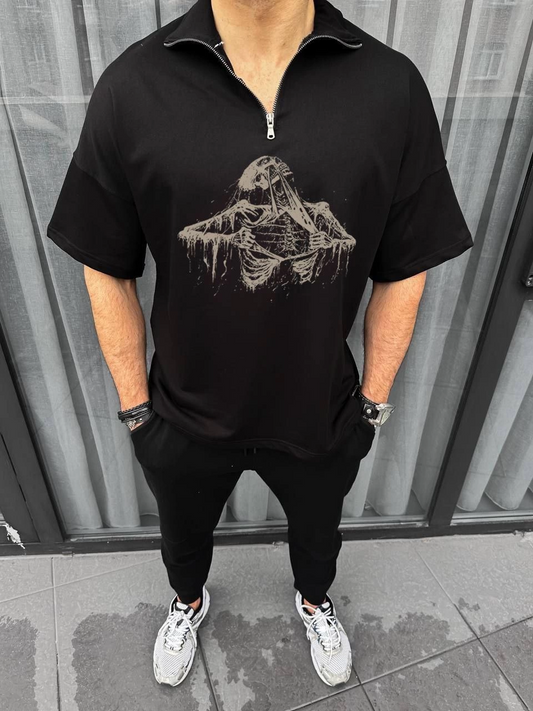 ASSEMA Unisex Yarım Fermuarlı Baskılı Oversize T-Shirt - Siyah