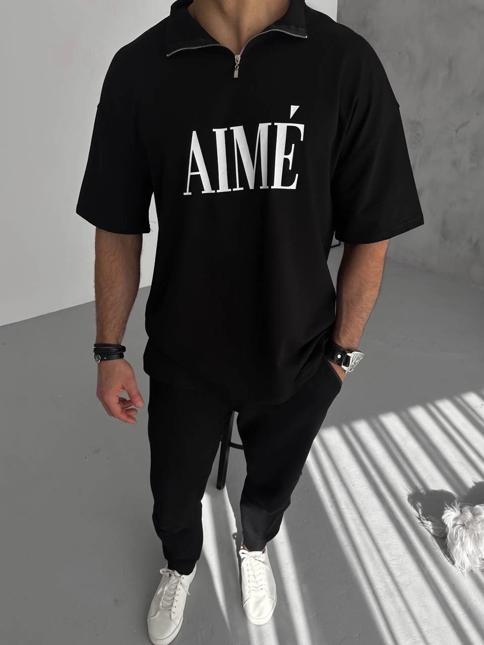ASSEMA ERKEK Yarım Fermuarlı  Kısa kol Baskılı T-Shirt - Siyah
