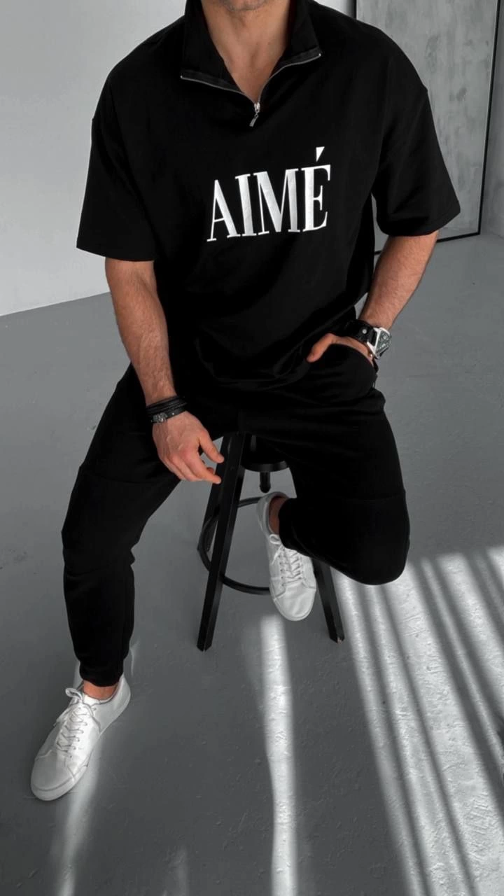 ASSEMA ERKEK Yarım Fermuarlı  Kısa kol Baskılı T-Shirt - Siyah
