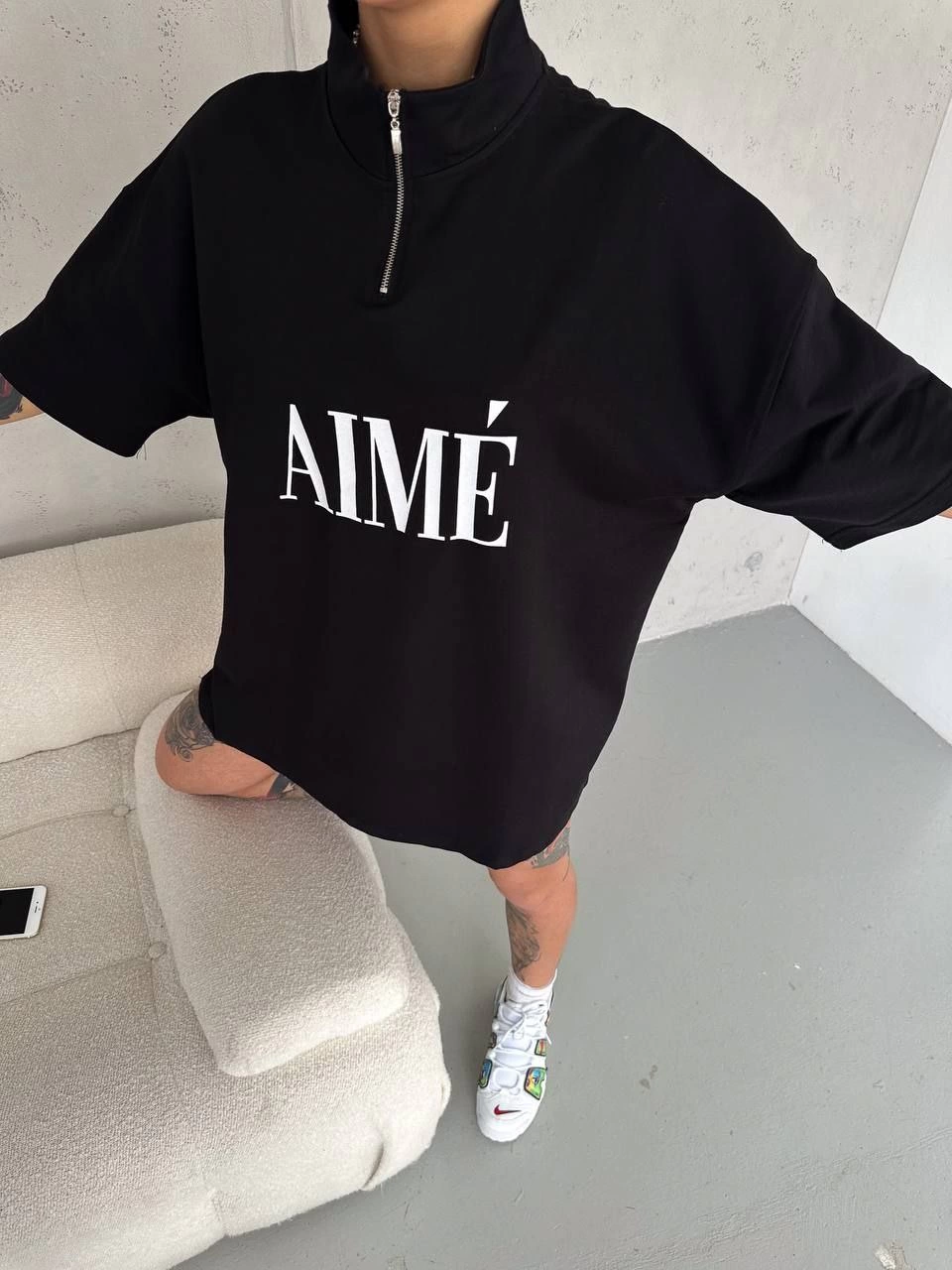 ASSEMA Kadın Yarım Fermuarlı Baskılı T-Shirt - Siyah