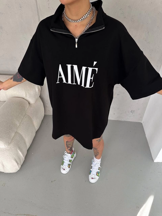 ASSEMA Kadın Yarım Fermuarlı Baskılı T-Shirt - Siyah
